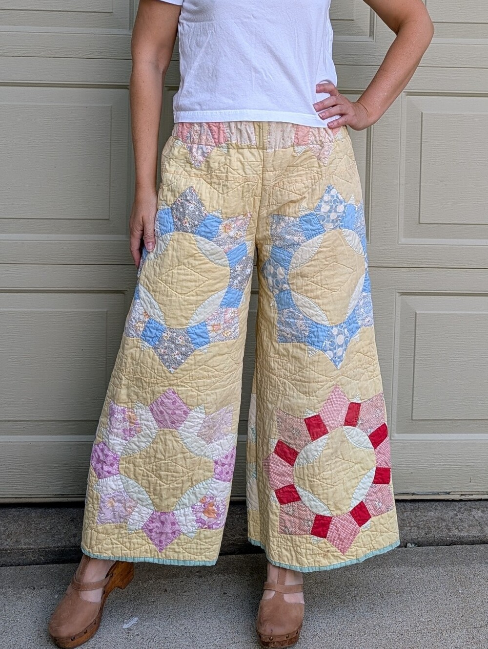 VINTAGE QUILT PANTS feedsack patchwork upcycled S - Picture 3 of 16
